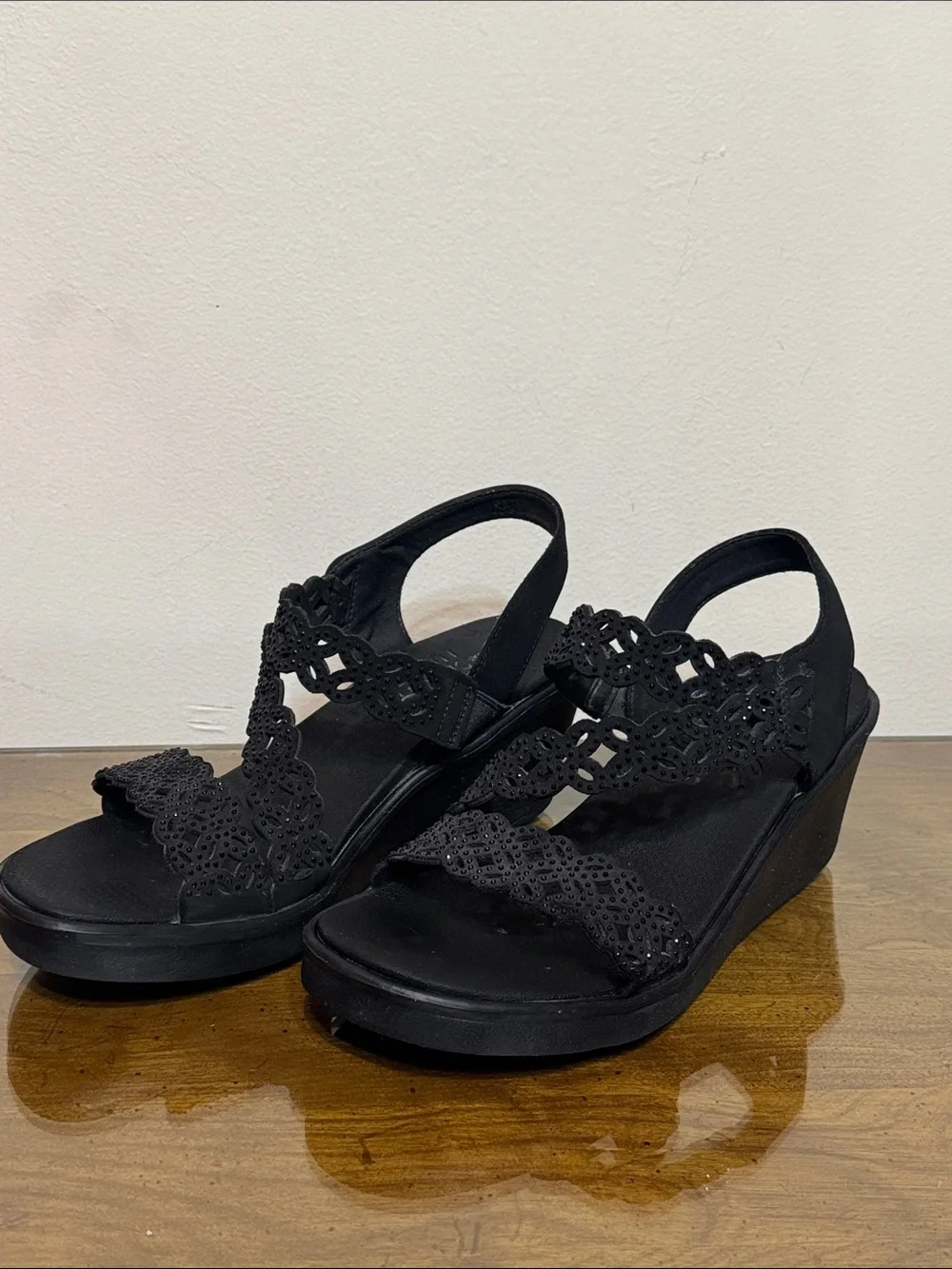Skechers Women's Black Crochet-Strap Wedge Sandals